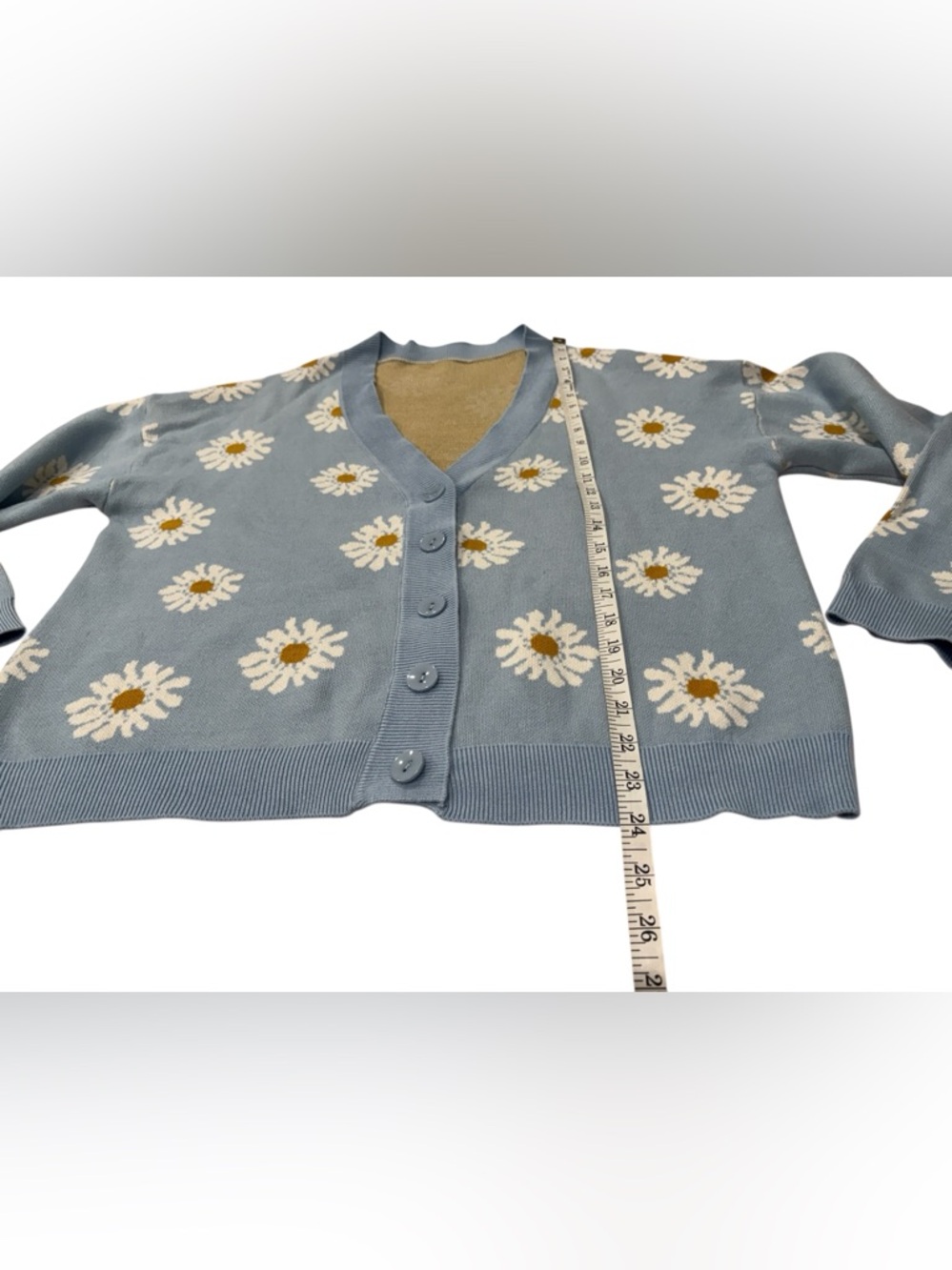 Daisy-Print Light Blue V-Neck Cardigan Sweater - Picture 3 of 5